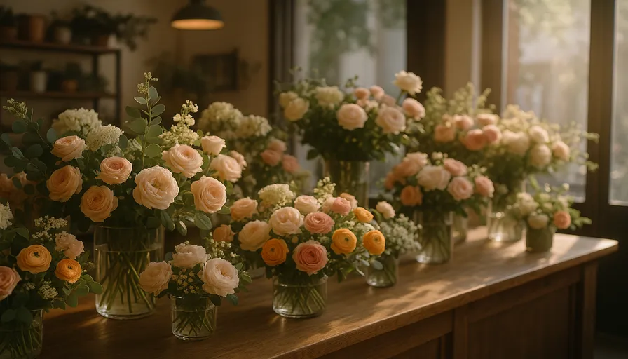 Fresh seasonal flower bouquets on the counter at Enchanted Floor Studios in Hamilton