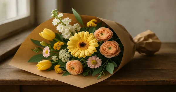 Hand-tied bouquet of seasonal flowers wrapped in kraft paper