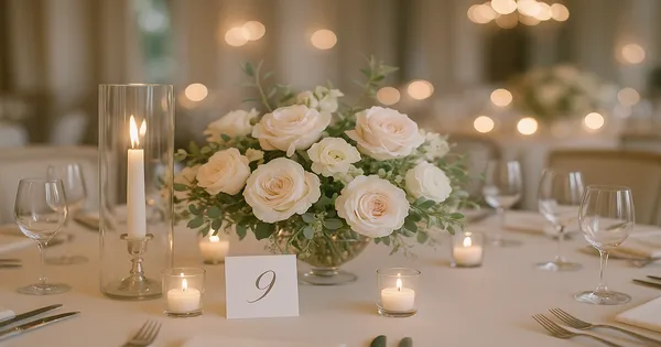 Elegant wedding centerpiece with white and blush roses